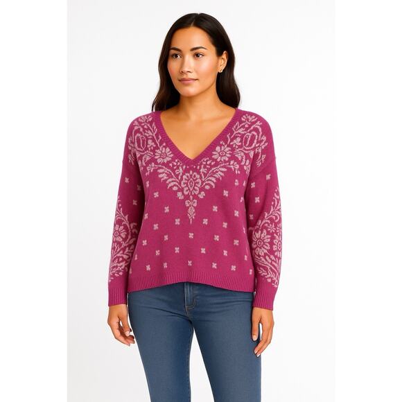 Sundance V-Neck Pullover Sweater Size L Petite Pink Boho Chic Paisley Floral - Picture 2 of 14